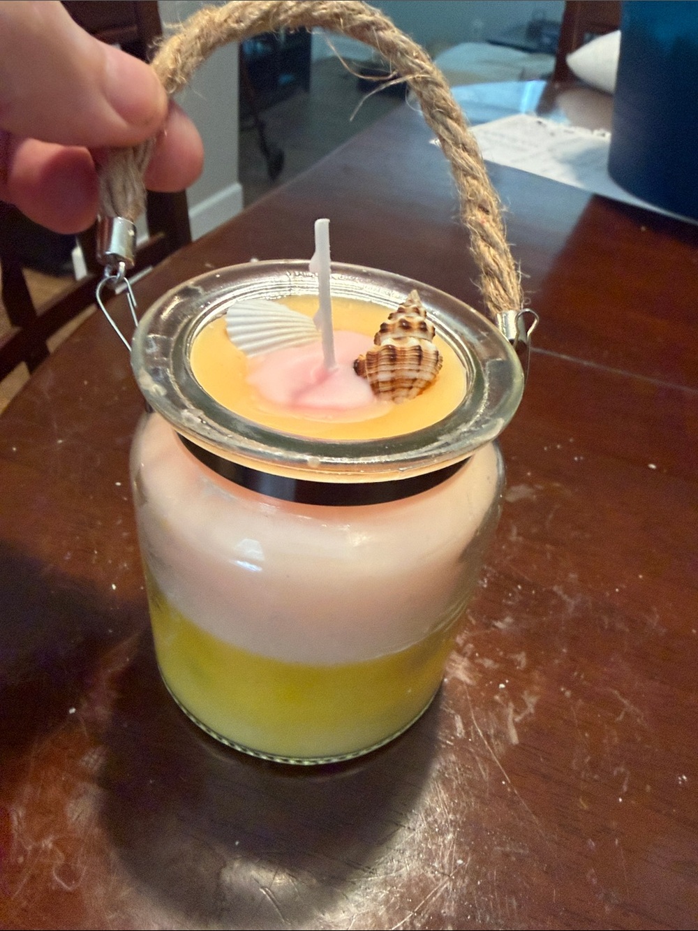 Coastal Two-Tone Pink & Yellow Candle Jar with Rope Handle